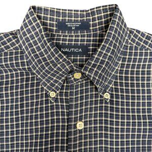 Men's NAUTICA Casual Button Down Shirt Blue Tan Plaid-‎ Size Oversized Medium